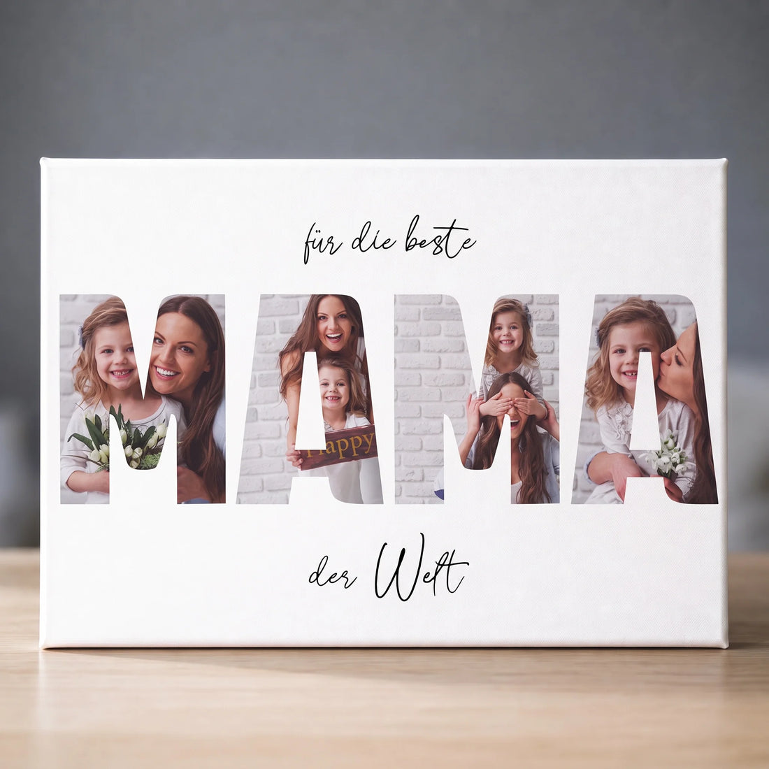 Personalisierte Erinnerungsbilder als Leinwand mit Familienfotos im Schriftzug Mama, für die beste der Welt