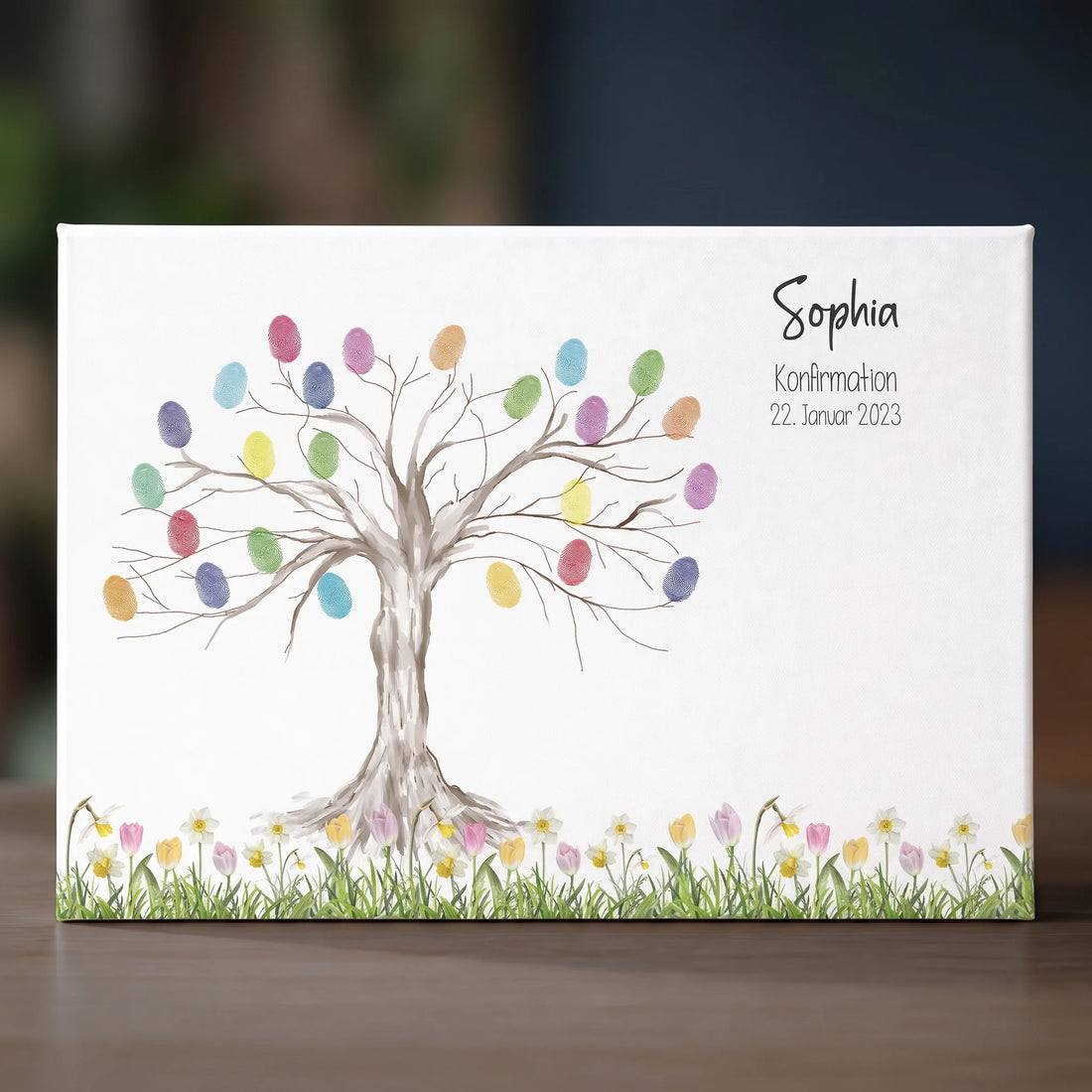 Gästebuch Leinwand mit Fingerabdruckbaum, Namen Sophia, Kommunion und farbigen Blüten