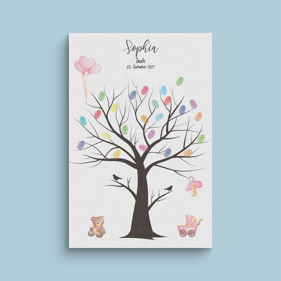 Fingerabdruck Baum zur Taufe mit zwei Vögeln • Personalisiertes Taufposter für Jungen & Mädchen • Gästebuch als liebevolle Erinnerung
