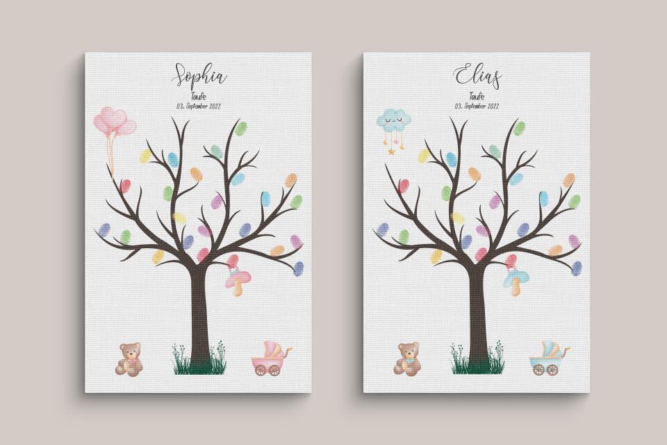 Fingerabdruck Baum zur Taufe • Personalisiertes Taufposter für Jungen & Mädchen • Gästebuch als liebevolle Erinnerung mit Namen und Datum