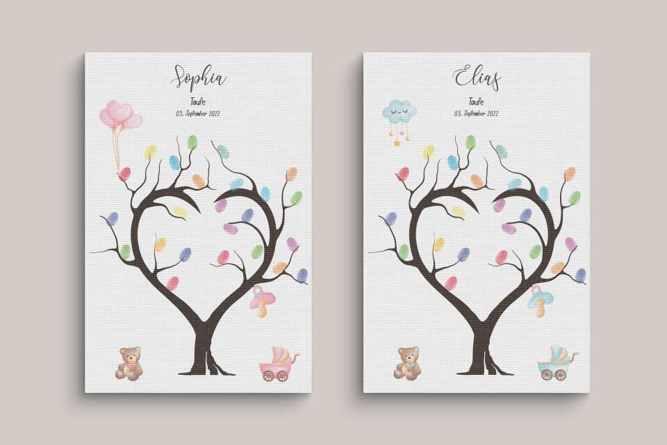 Fingerabdruck Herzbaum zur Taufe • Personalisiertes Taufposter für Jungen & Mädchen • Gästebuch als liebevolle Erinnerung mit Name und Datum