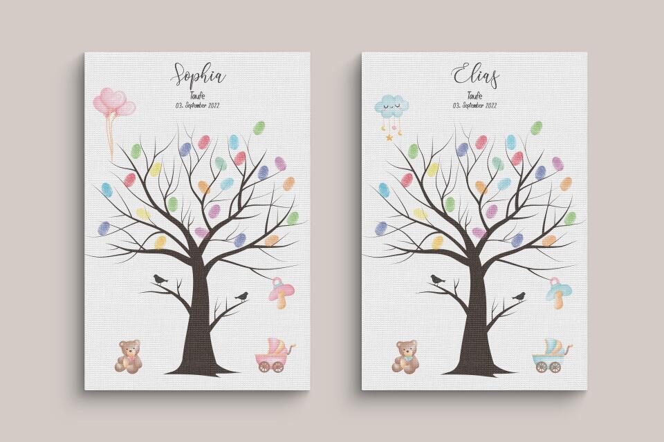 Fingerabdruck Baum zur Taufe mit zwei Vögeln • Personalisiertes Taufposter für Jungen & Mädchen • Gästebuch als liebevolle Erinnerung