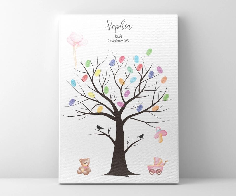 Fingerabdruck Baum zur Taufe mit zwei Vögeln • Personalisiertes Taufposter für Jungen & Mädchen • Gästebuch als liebevolle Erinnerung
