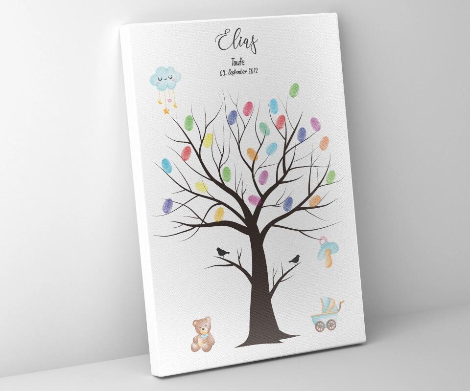 Fingerabdruck Baum zur Taufe mit zwei Vögeln • Personalisiertes Taufposter für Jungen & Mädchen • Gästebuch als liebevolle Erinnerung