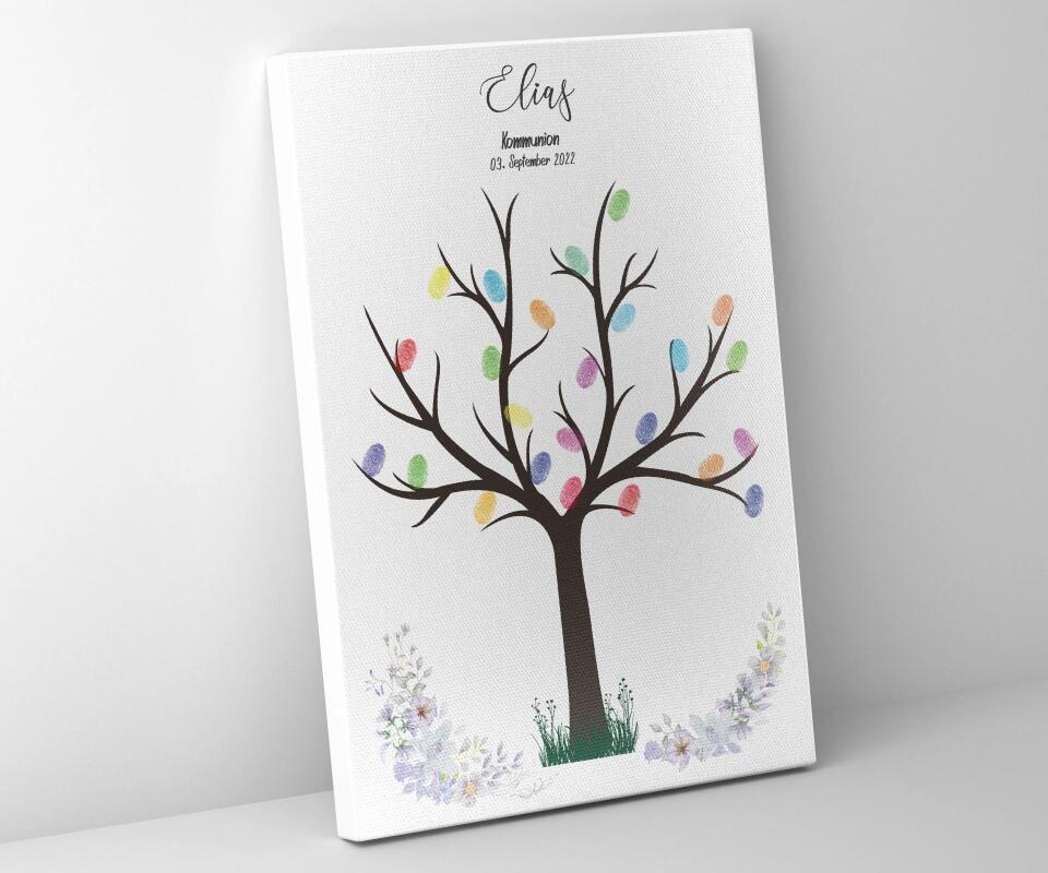 Fingerabdruck Baum Gästebuch zur Kommunion & Konfirmation • Personalisiertes Poster für Taufe • Erinnerung für Kinder und Familie