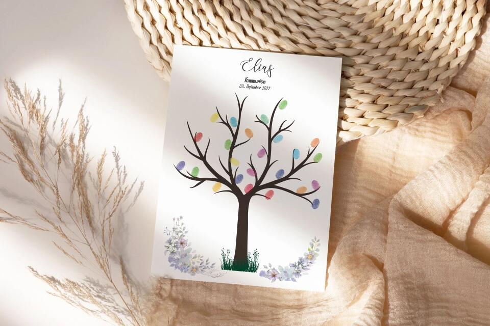 Fingerabdruck Baum Gästebuch zur Kommunion & Konfirmation • Personalisiertes Poster für Taufe • Erinnerung für Kinder und Familie