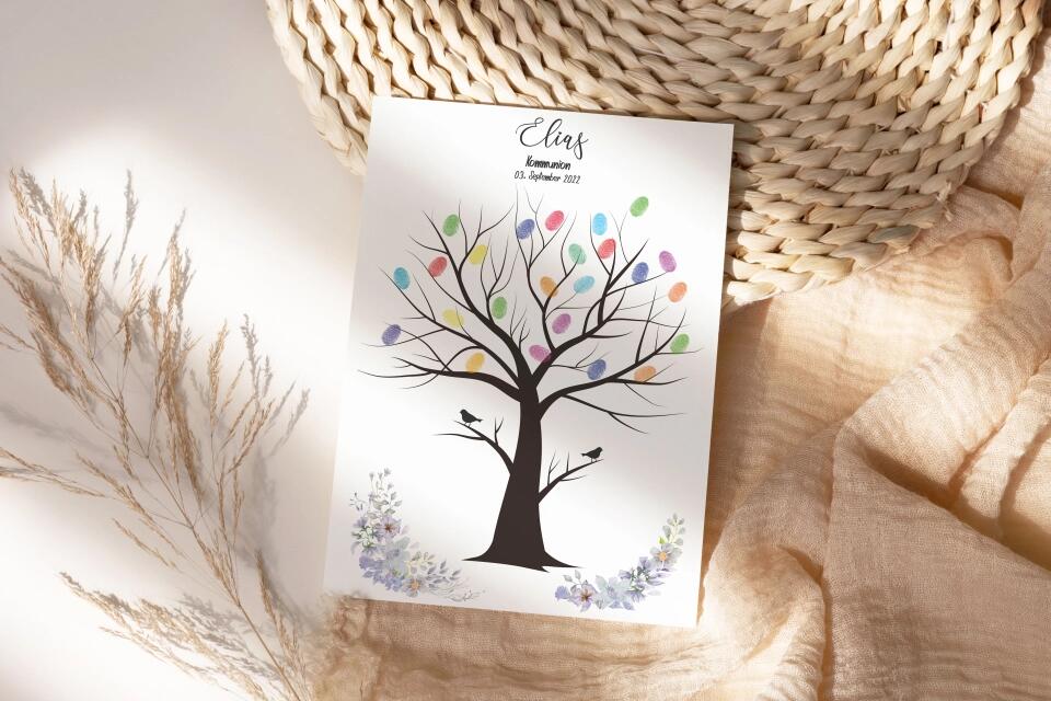 Fingerabdruck Herzbaum Gästebuch • Personalisiertes Poster zur Kommunion & Konfirmation • Liebevolle Erinnerung für Taufe und Familienfeiern