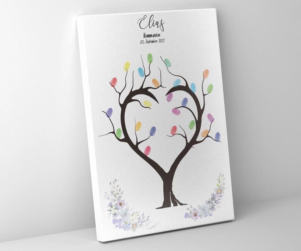 Fingerabdruck Herzbaum Gästebuch • Personalisiertes Poster zur Kommunion & Konfirmation • Liebevolle Erinnerung für Taufe und Familienfeiern