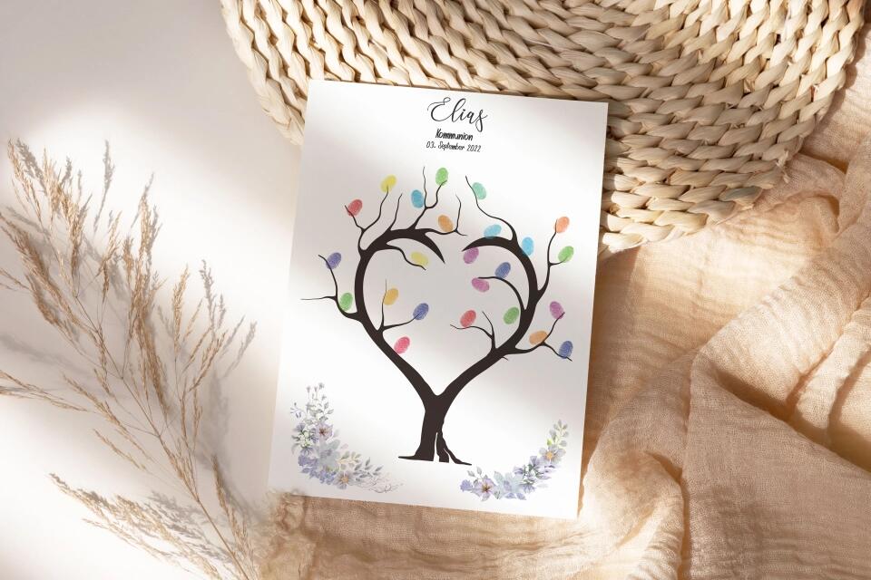 Fingerabdruck Herzbaum Gästebuch • Personalisiertes Poster zur Kommunion & Konfirmation • Liebevolle Erinnerung für Taufe und Familienfeiern