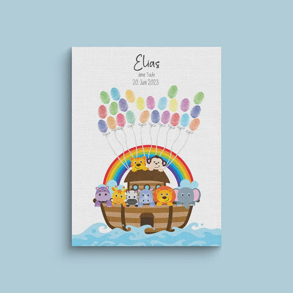 Regenbogen Arche Noah zur Taufe • Fingerabdruck Gästebuch mit süßen Tieren • Personalisiertes Taufposter als liebevolle Segens-Erinnerung