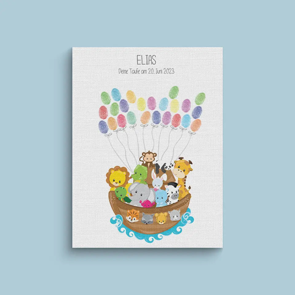 Fingerabdruck Gästebuch zur Taufe • Arche Noah mit Tieren • Personalisiertes Taufposter für Jungen & Mädchen • Erinnerung mit Name und Datum