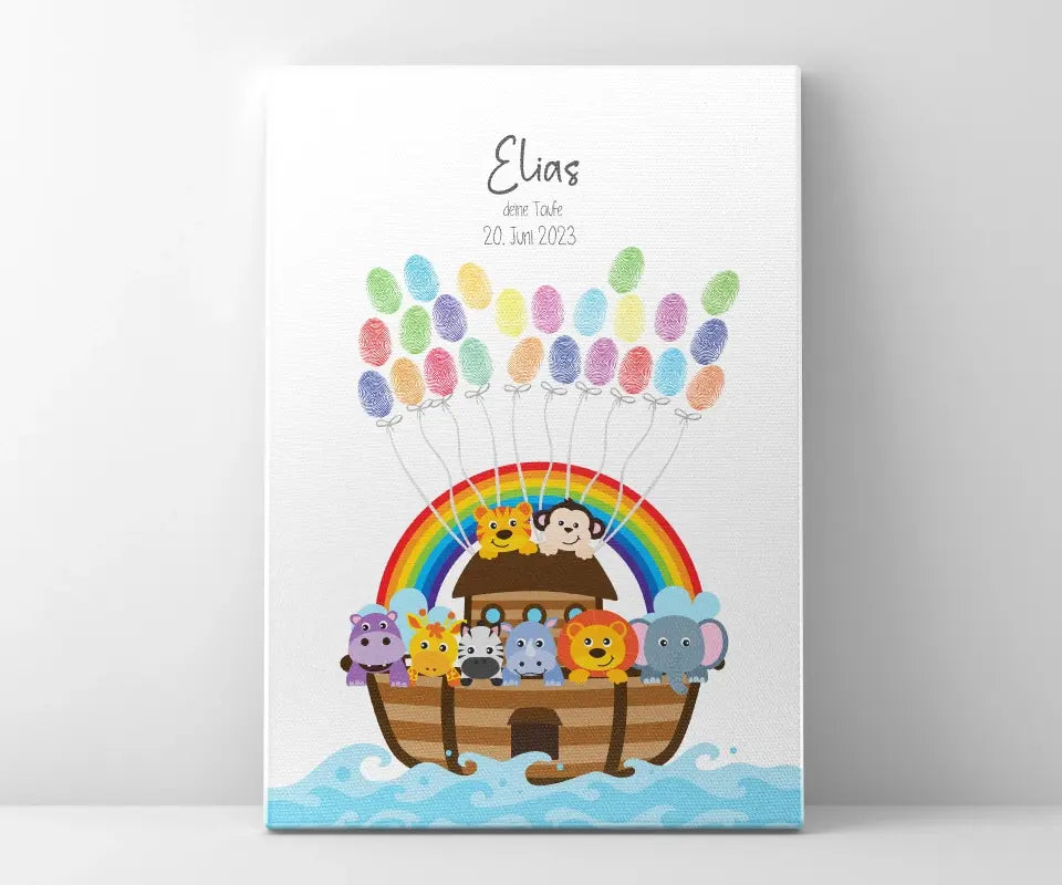 Regenbogen Arche Noah zur Taufe • Fingerabdruck Gästebuch mit süßen Tieren • Personalisiertes Taufposter als liebevolle Segens-Erinnerung