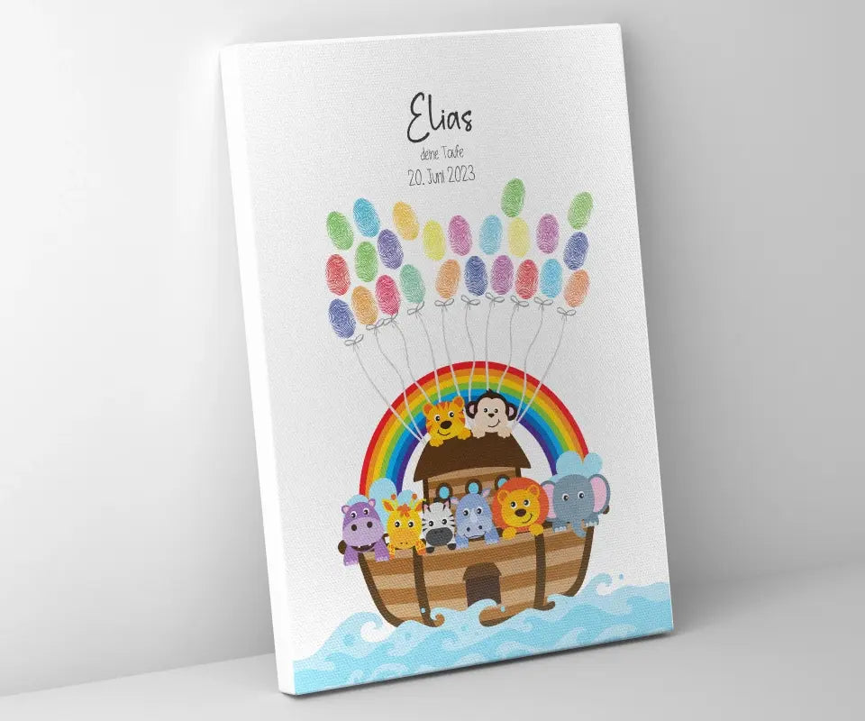 Regenbogen Arche Noah zur Taufe • Fingerabdruck Gästebuch mit süßen Tieren • Personalisiertes Taufposter als liebevolle Segens-Erinnerung