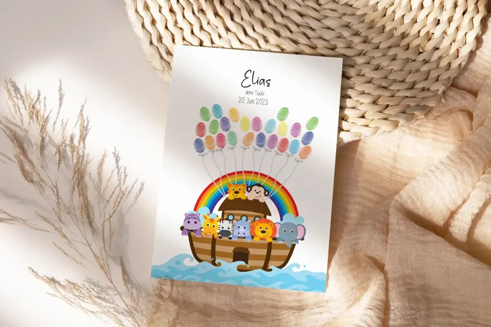 Regenbogen Arche Noah zur Taufe • Fingerabdruck Gästebuch mit süßen Tieren • Personalisiertes Taufposter als liebevolle Segens-Erinnerung