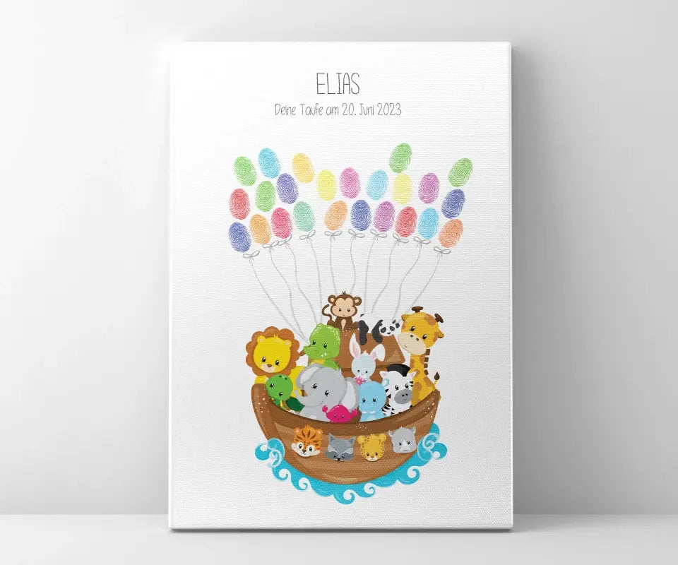Fingerabdruck Gästebuch zur Taufe • Arche Noah mit Tieren • Personalisiertes Taufposter für Jungen & Mädchen • Erinnerung mit Name und Datum