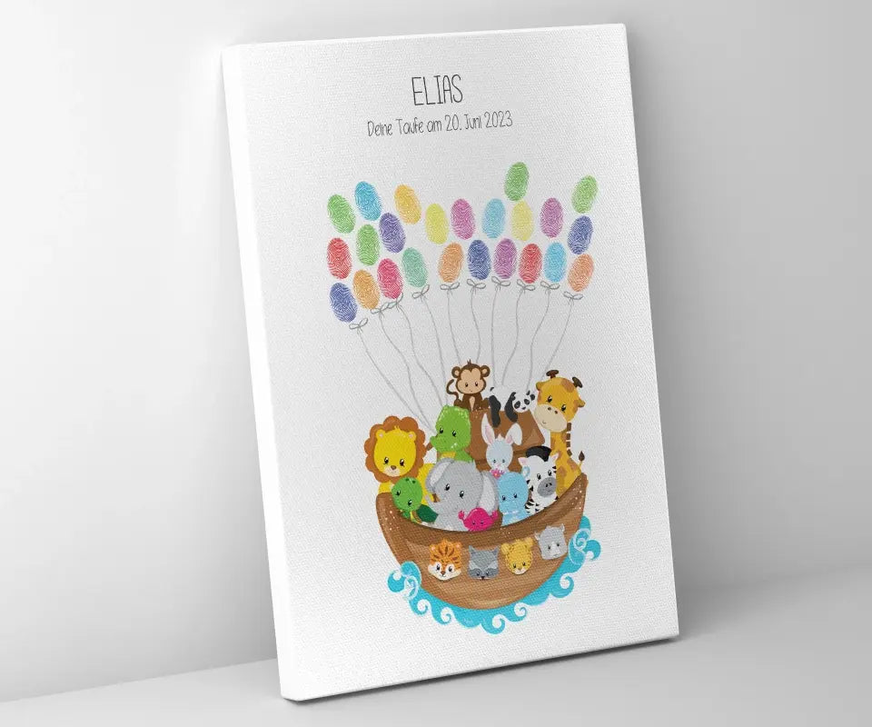Fingerabdruck Gästebuch zur Taufe • Arche Noah mit Tieren • Personalisiertes Taufposter für Jungen & Mädchen • Erinnerung mit Name und Datum