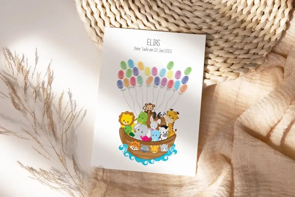 Fingerabdruck Gästebuch zur Taufe • Arche Noah mit Tieren • Personalisiertes Taufposter für Jungen & Mädchen • Erinnerung mit Name und Datum